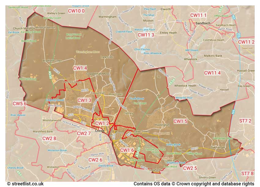 map showing postcode sectors within the CW1 district