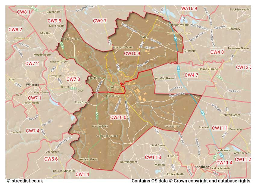 map showing postcode sectors within the CW10 district