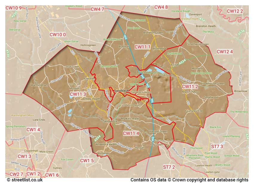 map showing postcode sectors within the CW11 district