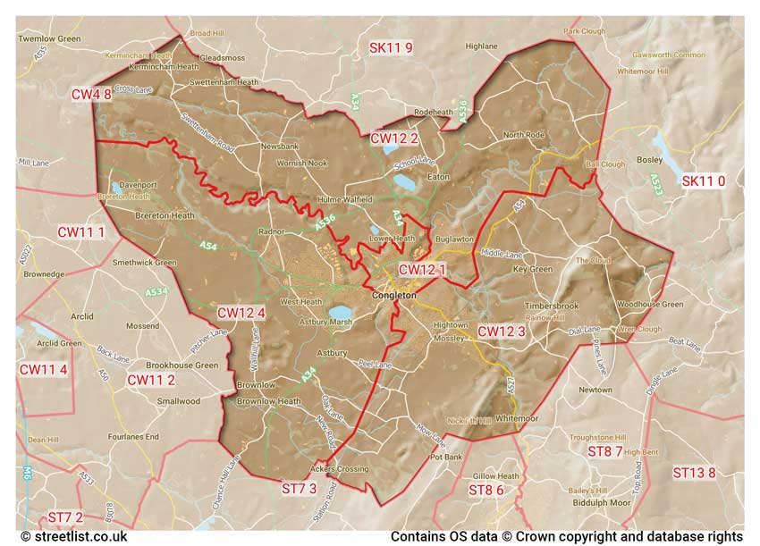 map showing postcode sectors within the CW12 district