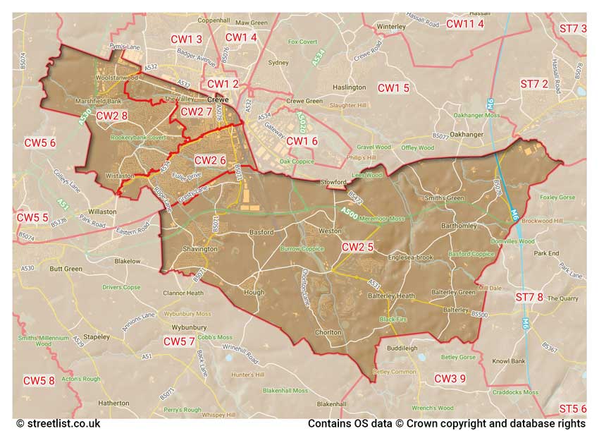 map showing postcode sectors within the CW2 district