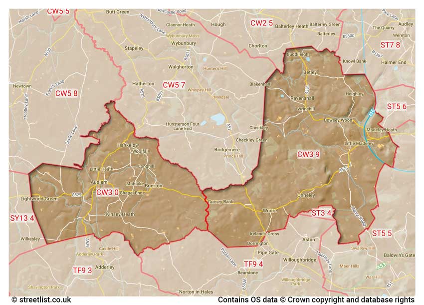 map showing postcode sectors within the CW3 district