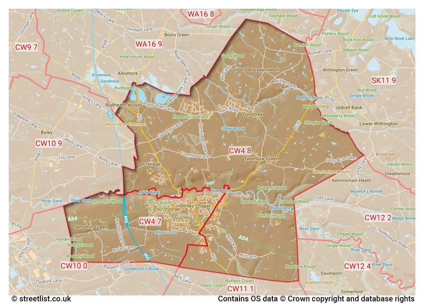 map showing postcode sectors within the CW4 district