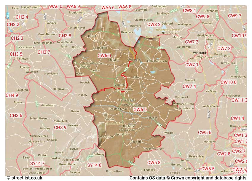 map showing postcode sectors within the CW6 district