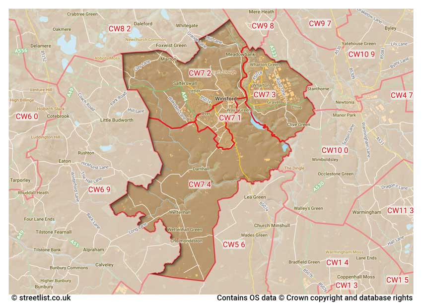 map showing postcode sectors within the CW7 district