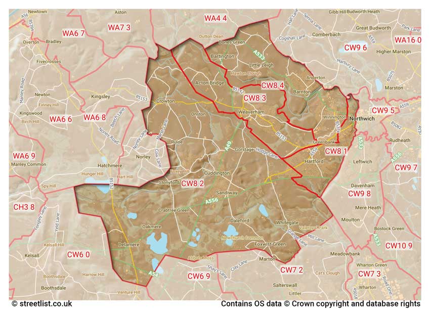 map showing postcode sectors within the CW8 district