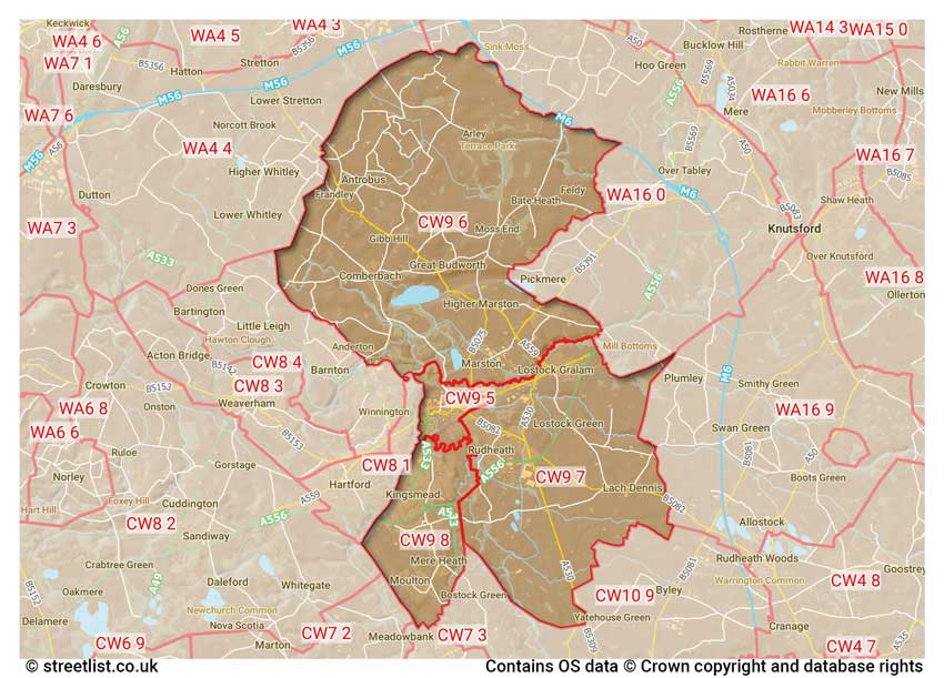 map showing postcode sectors within the CW9 district