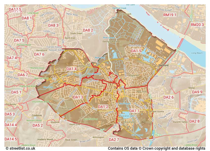 map showing postcode sectors within the DA1 district