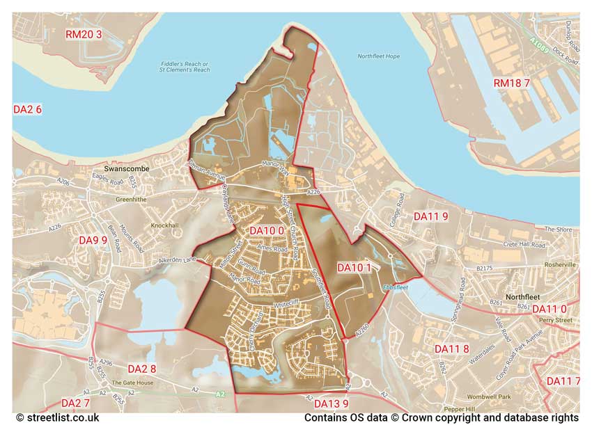 map showing postcode sectors within the DA10 district