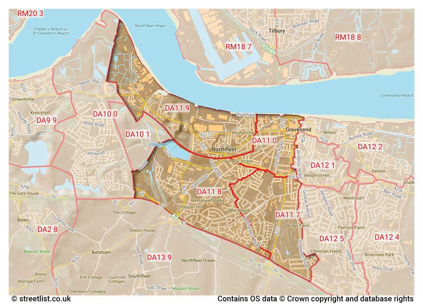 map showing postcode sectors within the DA11 district