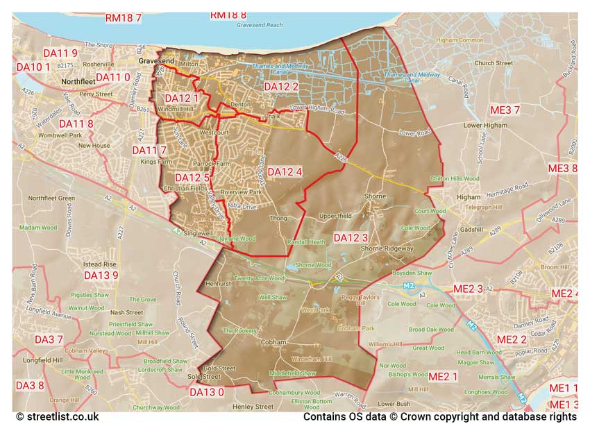 map showing postcode sectors within the DA12 district