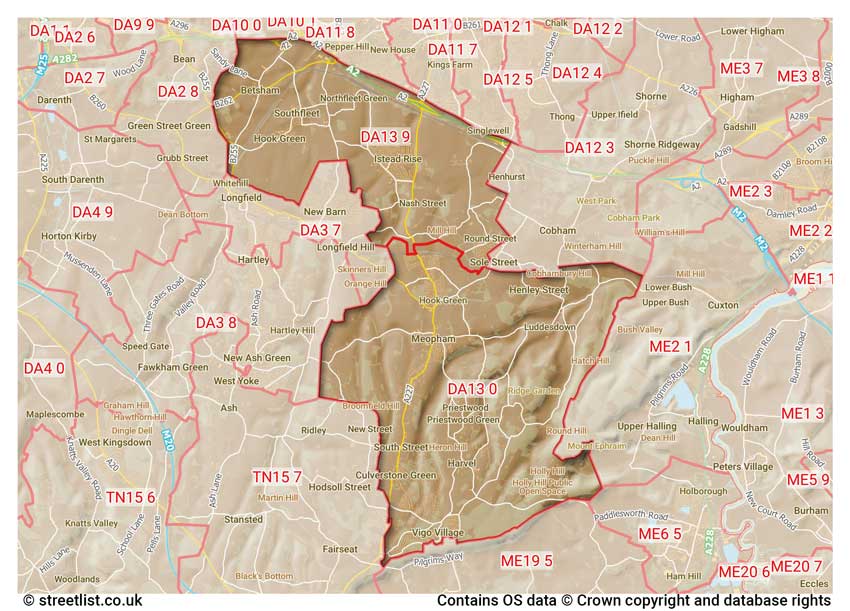 map showing postcode sectors within the DA13 district