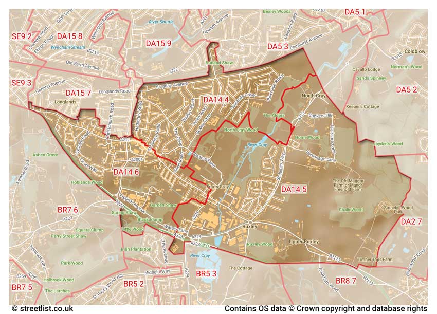 map showing postcode sectors within the DA14 district