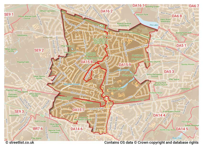 map showing postcode sectors within the DA15 district