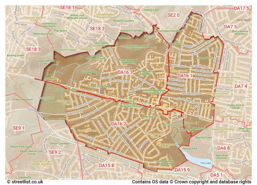 map showing postcode sectors within the DA16 district