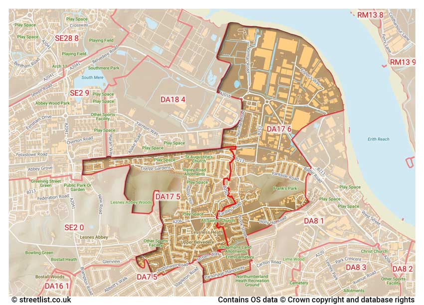 map showing postcode sectors within the DA17 district