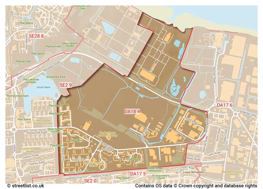 map showing postcode sectors within the DA18 district