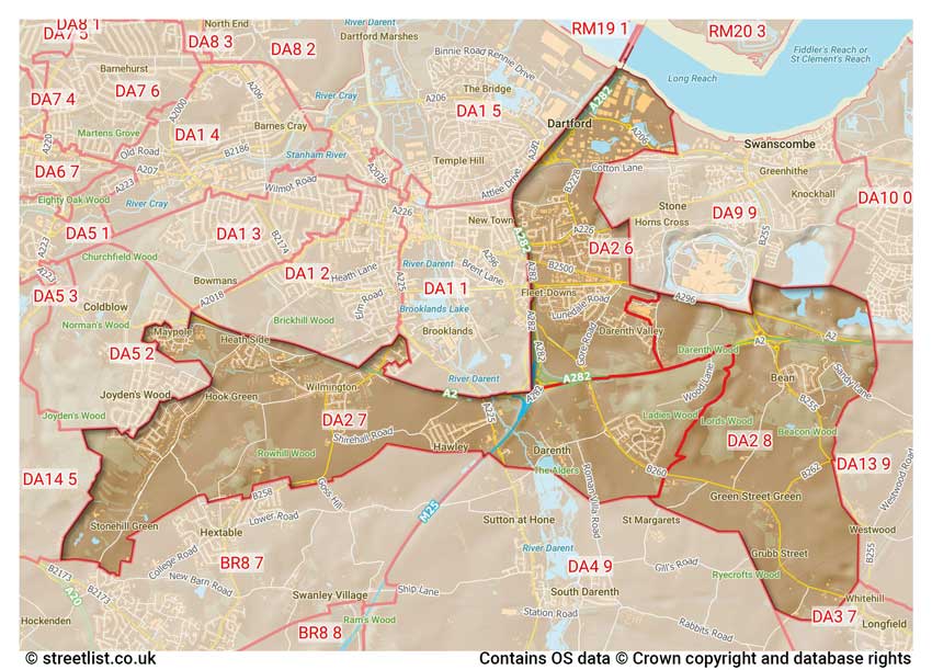 map showing postcode sectors within the DA2 district