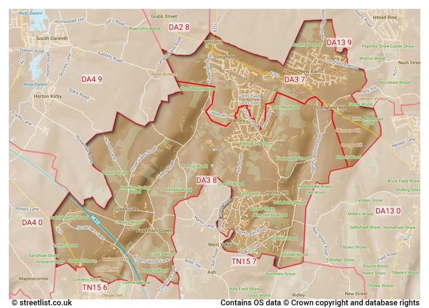 map showing postcode sectors within the DA3 district