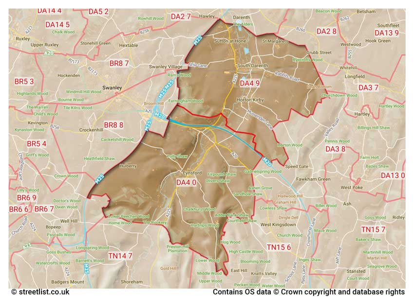 map showing postcode sectors within the DA4 district