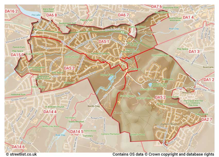 map showing postcode sectors within the DA5 district