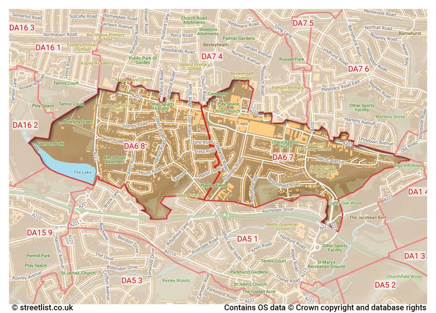 map showing postcode sectors within the DA6 district