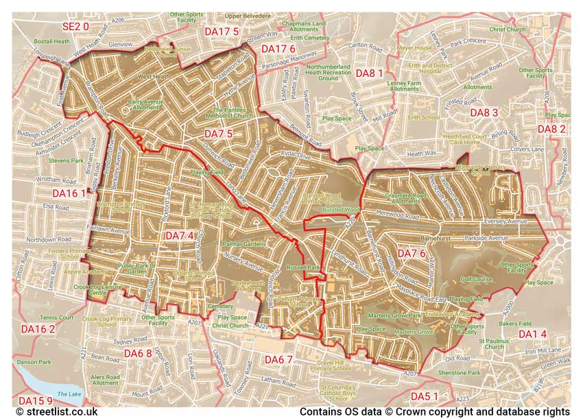 map showing postcode sectors within the DA7 district