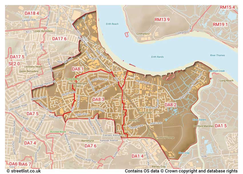 map showing postcode sectors within the DA8 district