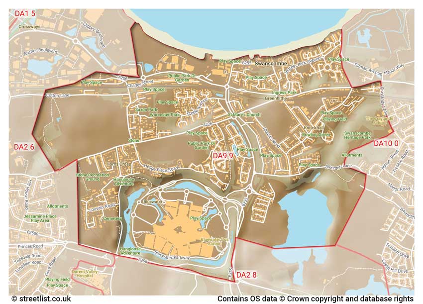 map showing postcode sectors within the DA9 district