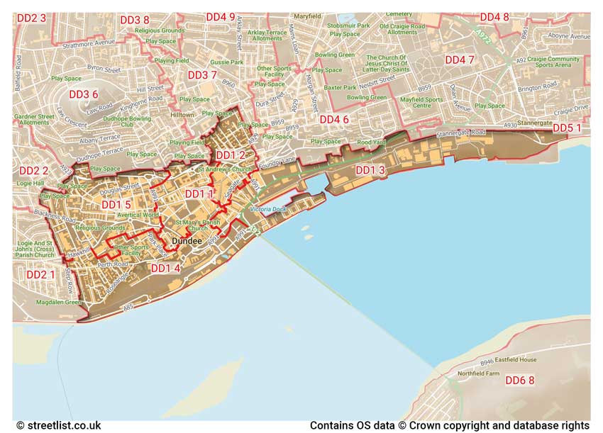 map showing postcode sectors within the DD1 district