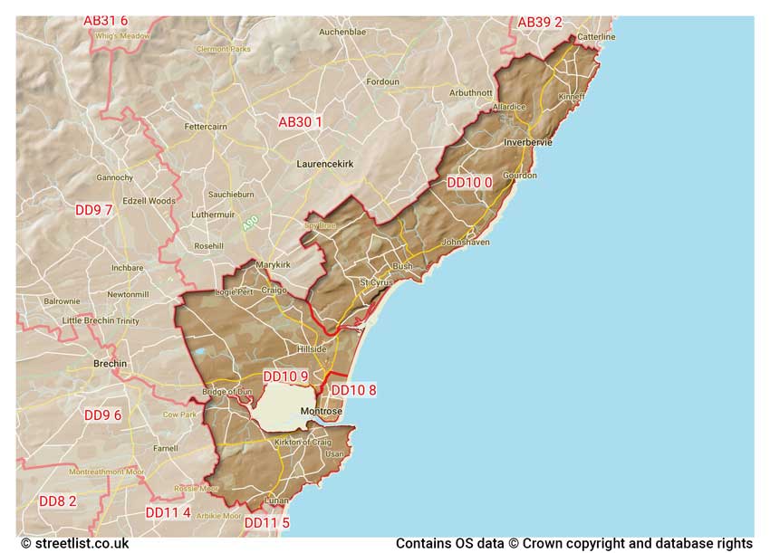 map showing postcode sectors within the DD10 district