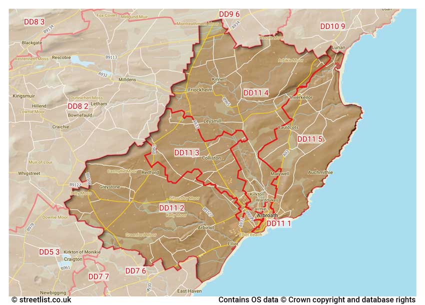 map showing postcode sectors within the DD11 district