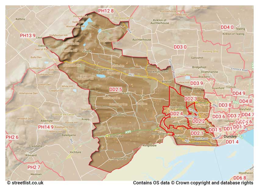 map showing postcode sectors within the DD2 district