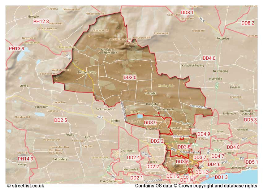 map showing postcode sectors within the DD3 district