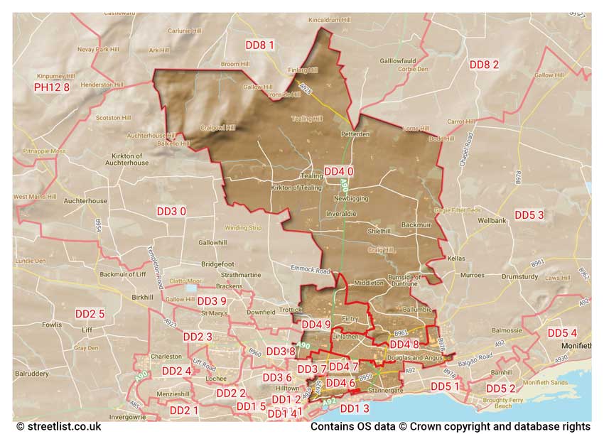 map showing postcode sectors within the DD4 district