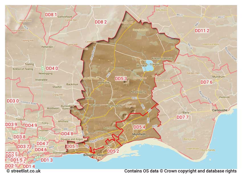 map showing postcode sectors within the DD5 district