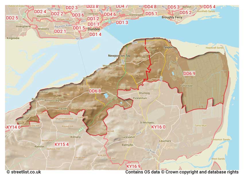 map showing postcode sectors within the DD6 district