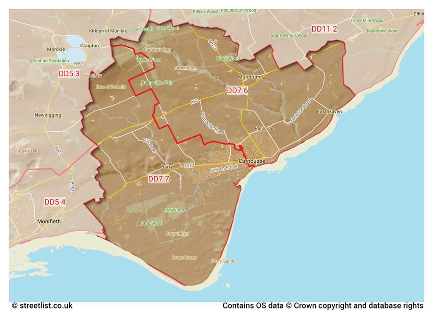 map showing postcode sectors within the DD7 district