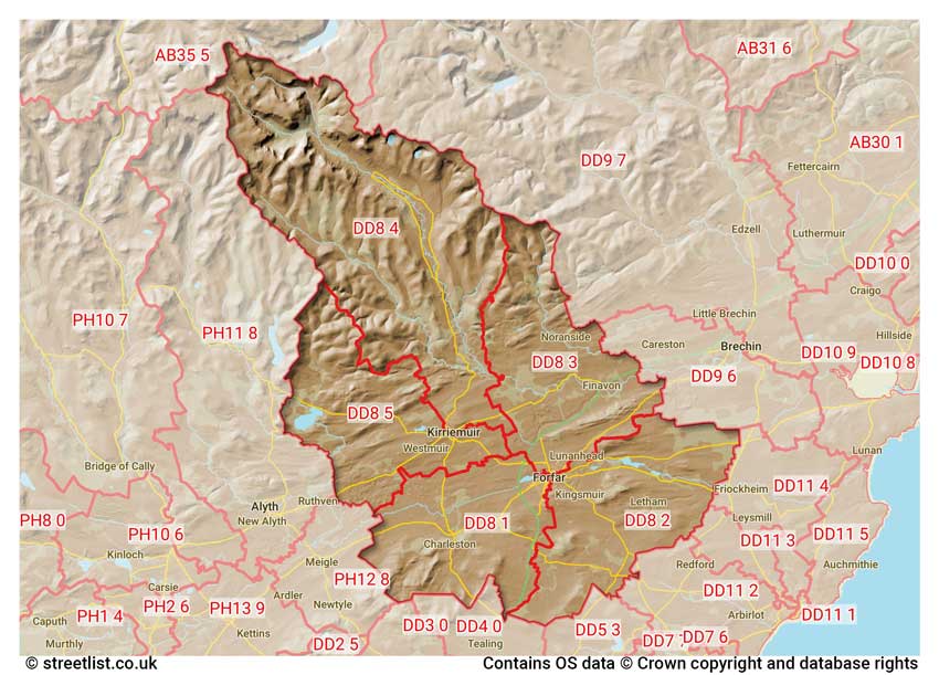 map showing postcode sectors within the DD8 district