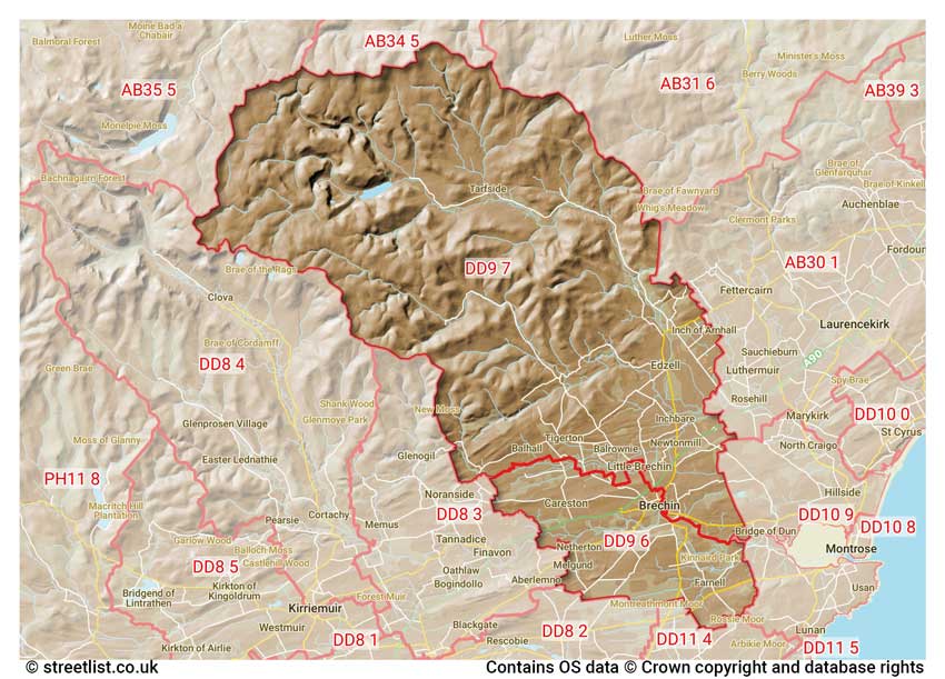 map showing postcode sectors within the DD9 district