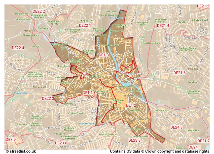 map showing postcode sectors within the DE1 district