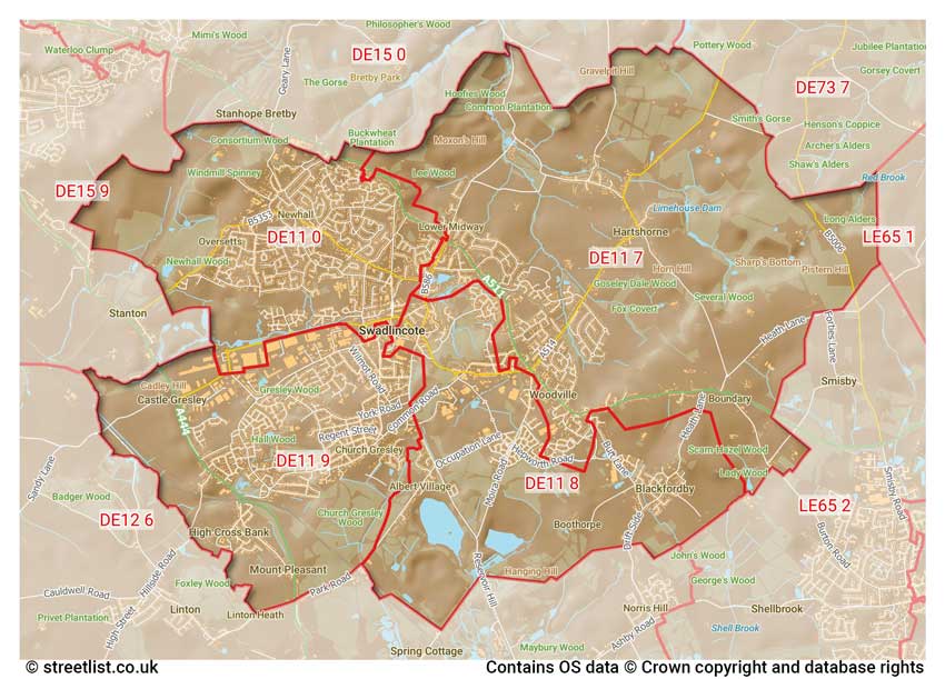 map showing postcode sectors within the DE11 district