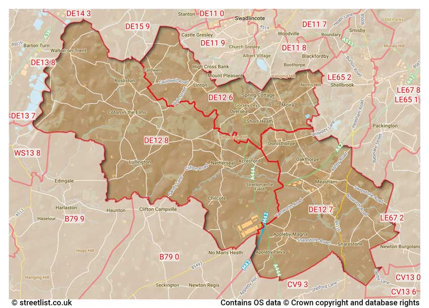 map showing postcode sectors within the DE12 district