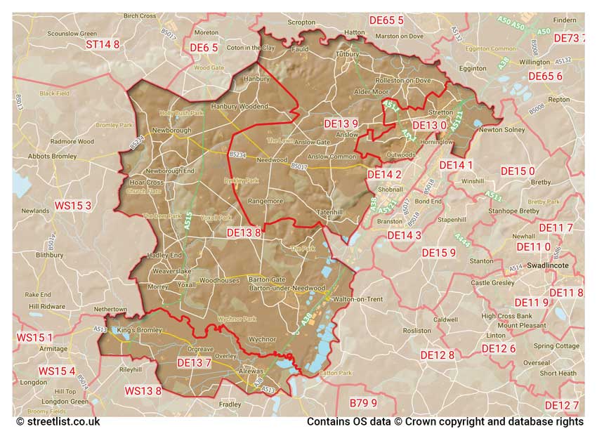 map showing postcode sectors within the DE13 district