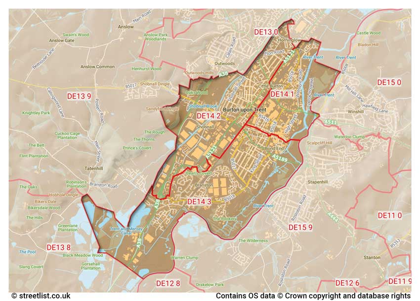 map showing postcode sectors within the DE14 district