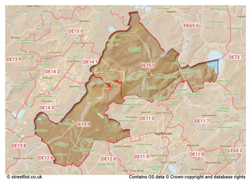 map showing postcode sectors within the DE15 district