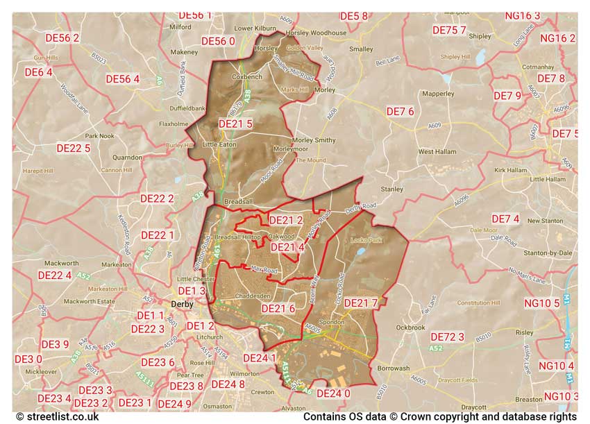 map showing postcode sectors within the DE21 district