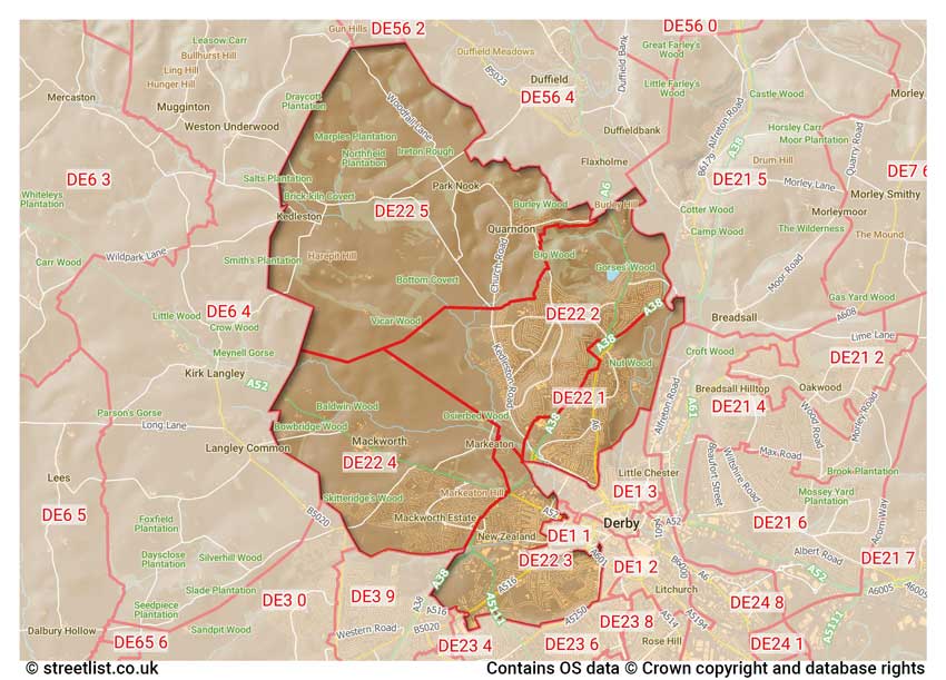 map showing postcode sectors within the DE22 district