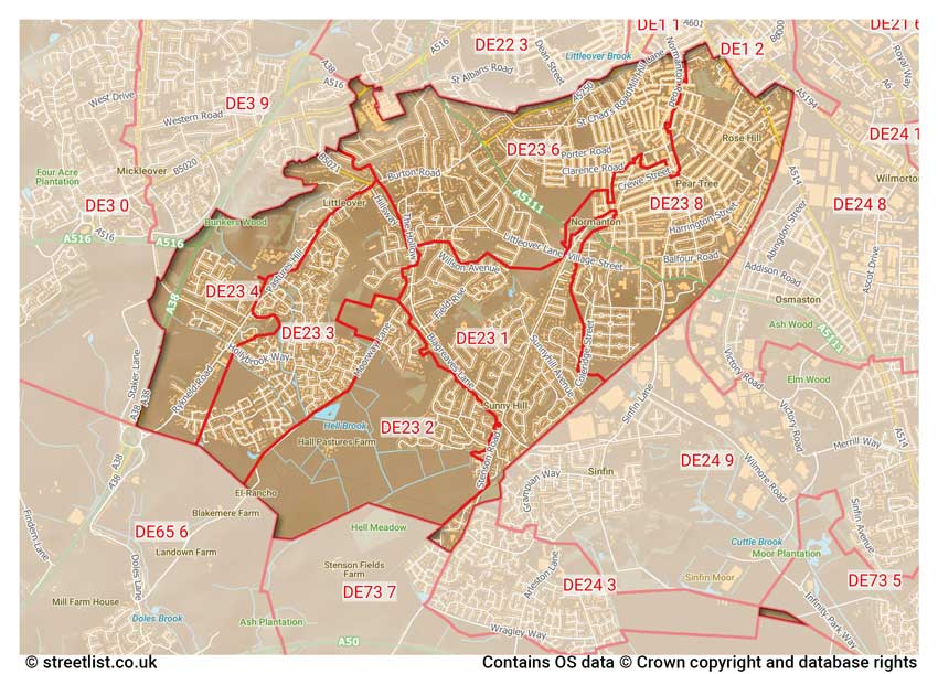 map showing postcode sectors within the DE23 district