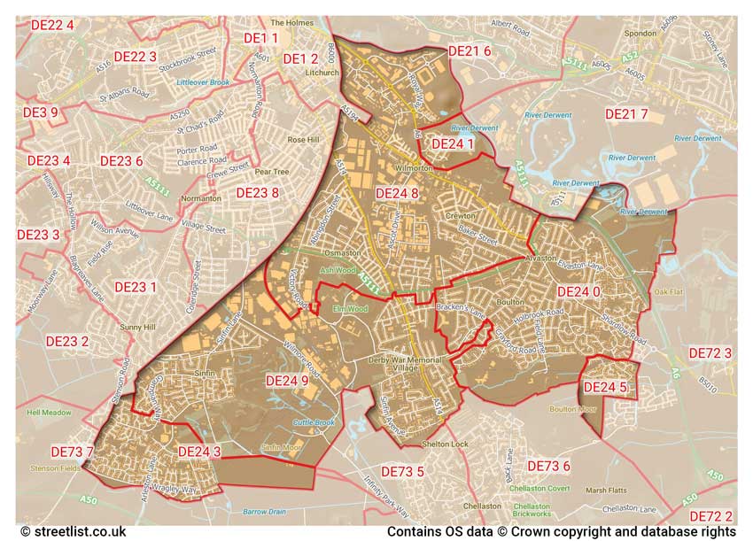 map showing postcode sectors within the DE24 district